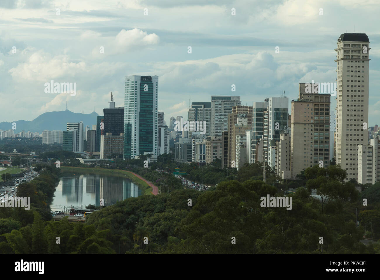 City of Sao Paulo Brazil South America, Marginal Pinheiros Avenue, and Pinheiros River. Stock Photo