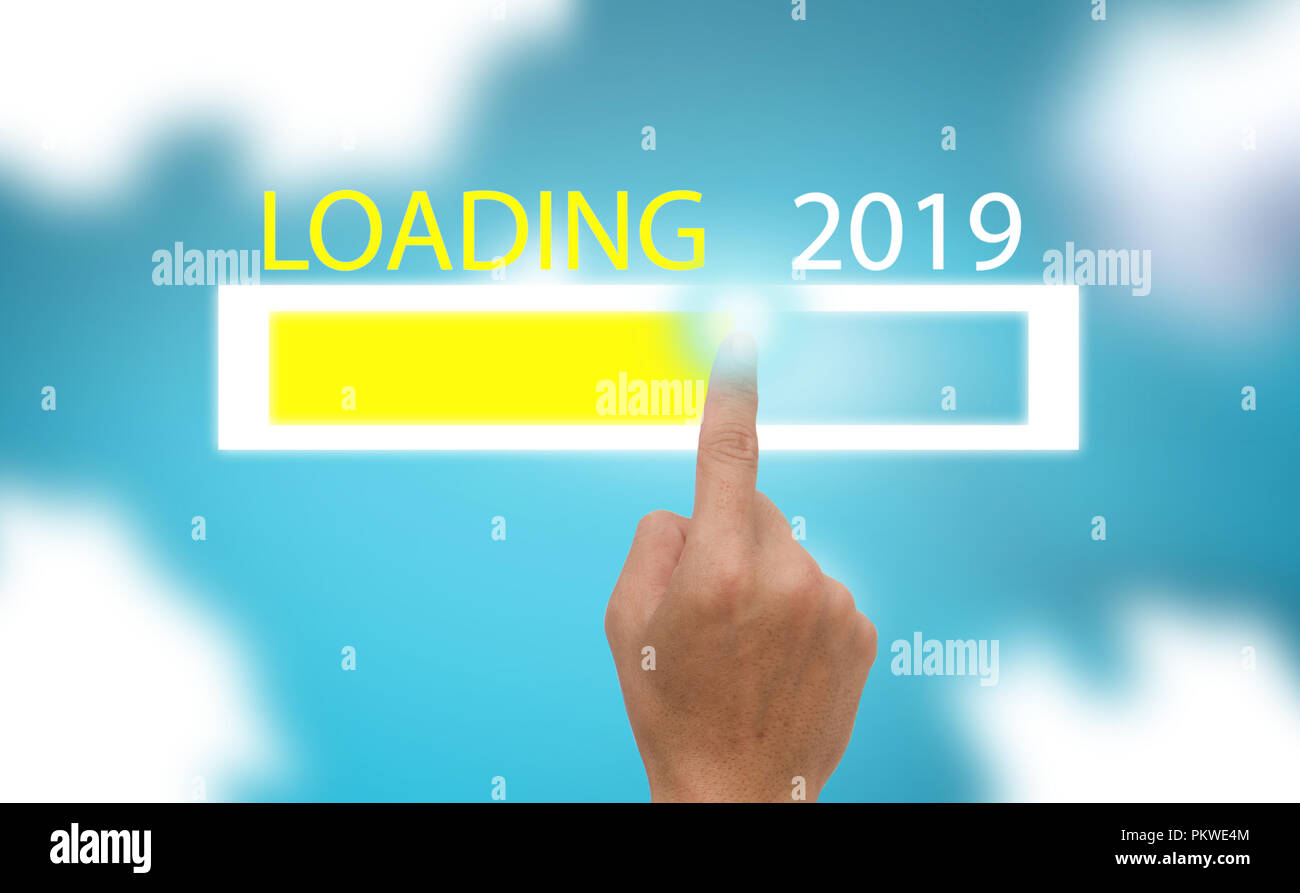 Progress bar show the loading the trend of new year 2019 on blue sky with clound  background Stock Photo