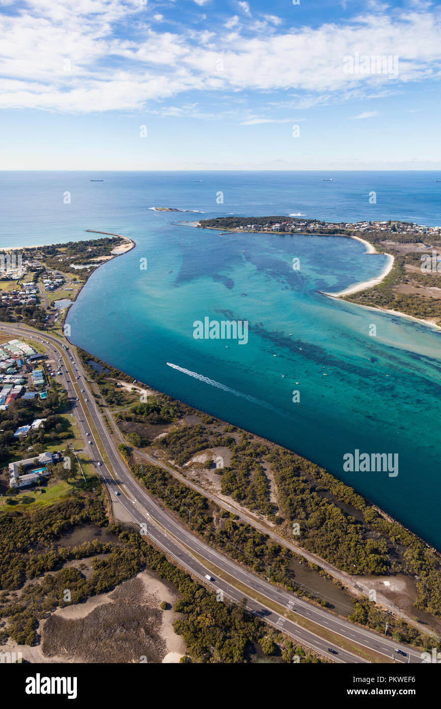 Aerial view of Swansea Channel at the mouth of Lake Macquarie the largest salt water lake in Australia. This lake just south of the major city of Newc Stock Photo