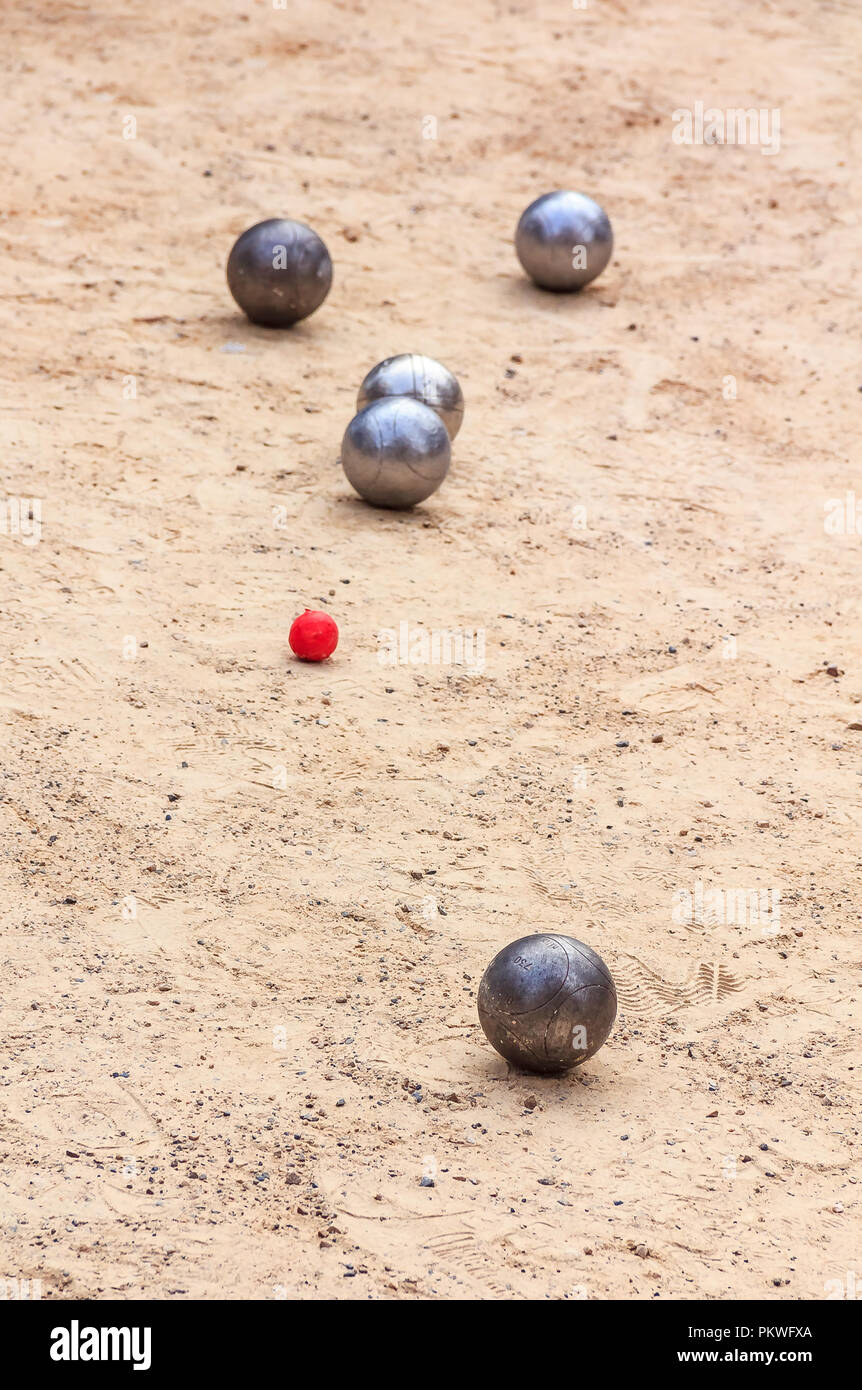 Petanque Balls with a Jack (cochonnet) Stock Photo - Image of