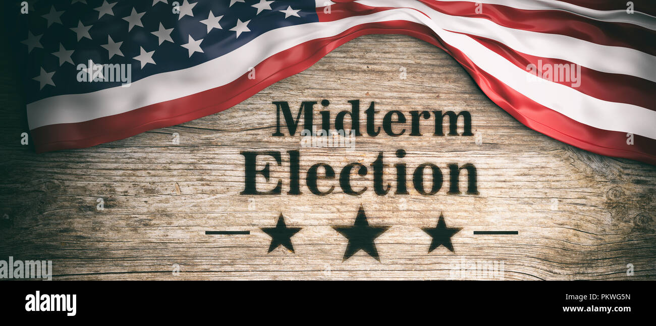 USA midterm election. The American flag and midterm elections clip art on wooden background, banner, 3d illustration. Stock Photo