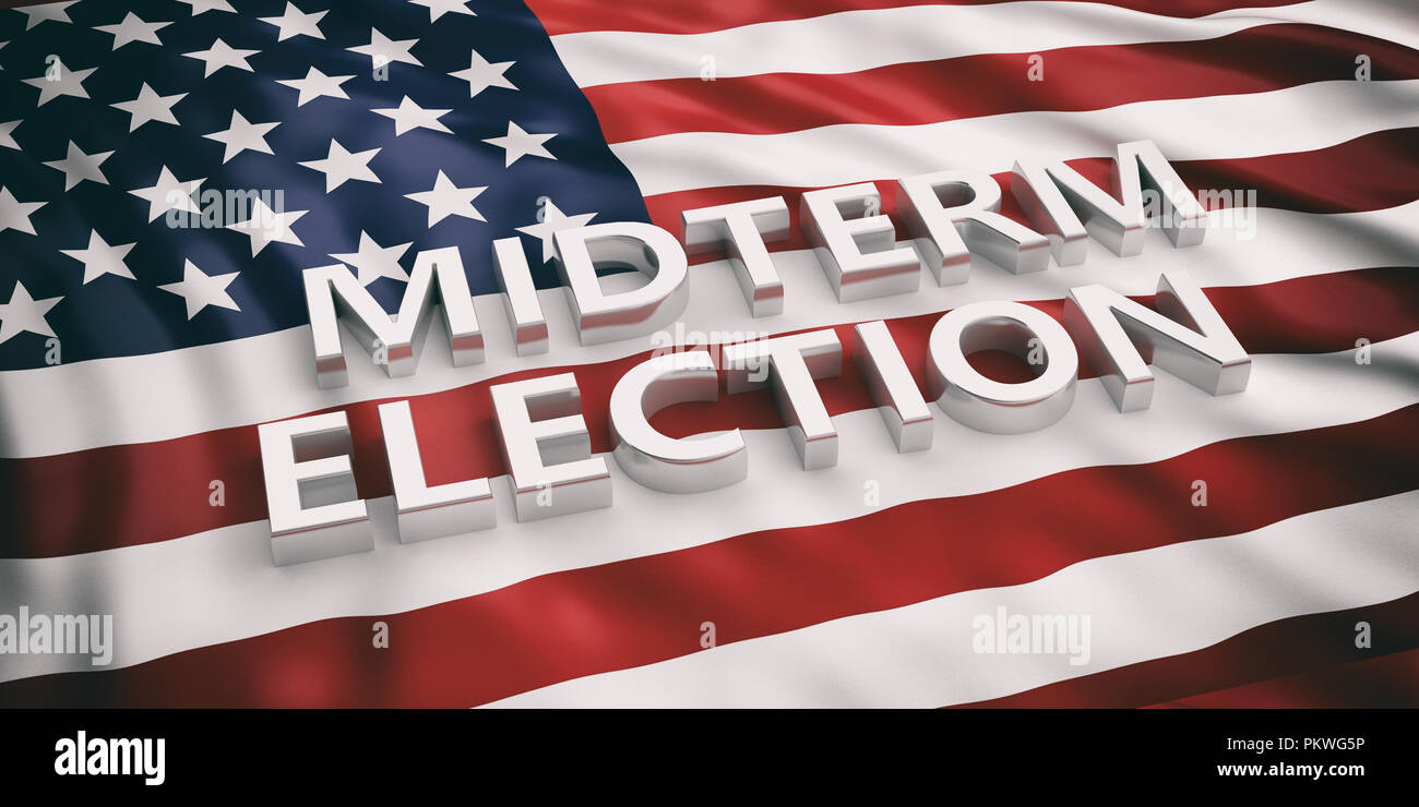 USA midterm election. Midterm elections text on American flag background, 3d illustration. Stock Photo