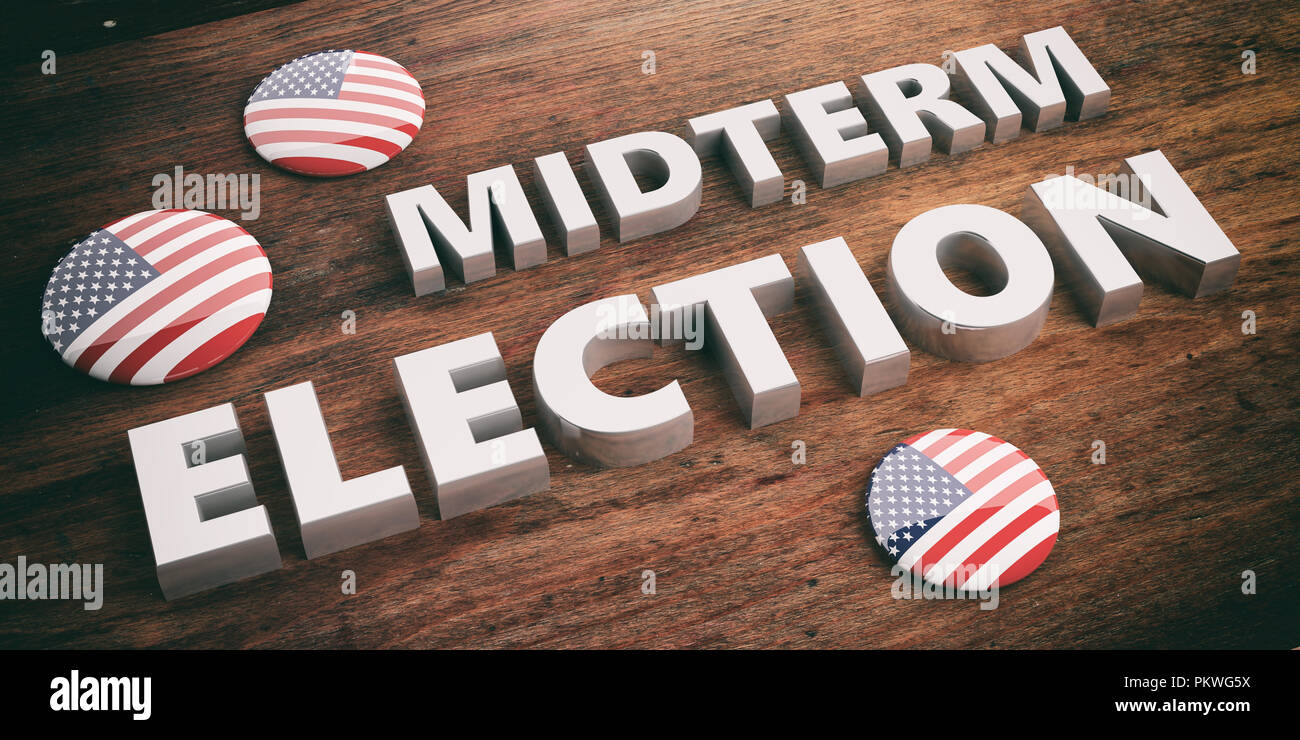 American elections concept. USA flag pin button / badge and midterm elections on wooden background, 3d illustration. Stock Photo
