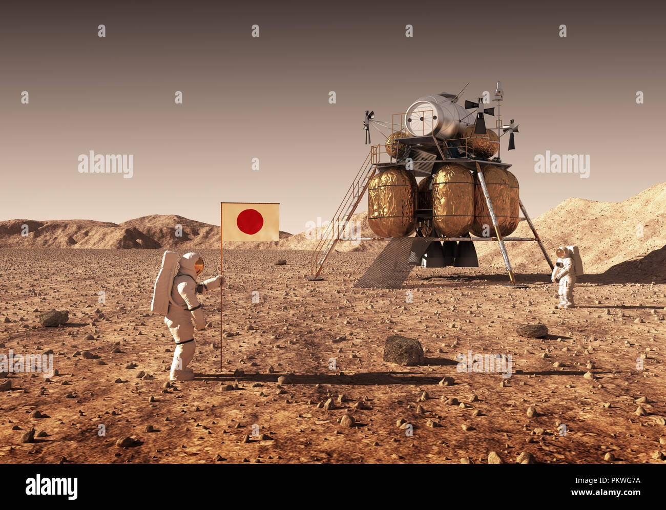 Astronauts Set An Japanese Flag On The Planet Mars. 3D Illustration. Stock Photo