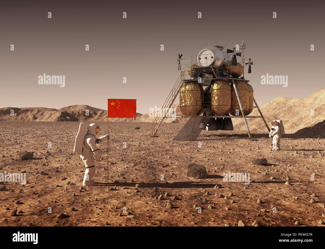 Astronauts Set An Chinese Flag On The Planet Mars. 3D Illustration. Stock Photo