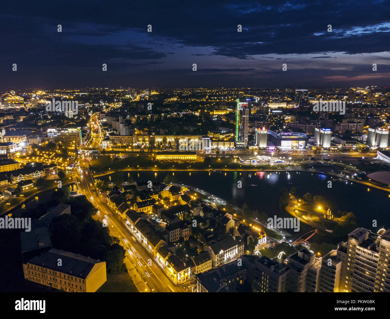 Minsk, Belarus – August 18, 2018: Aerial panoramic view of city center at night with bright street  illumination Stock Photo