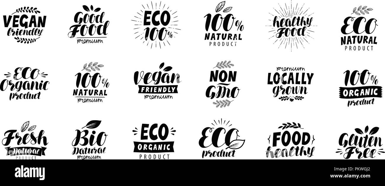Natural, organic logo or label. Eco, healthy food set badges. Lettering vector Stock Vector