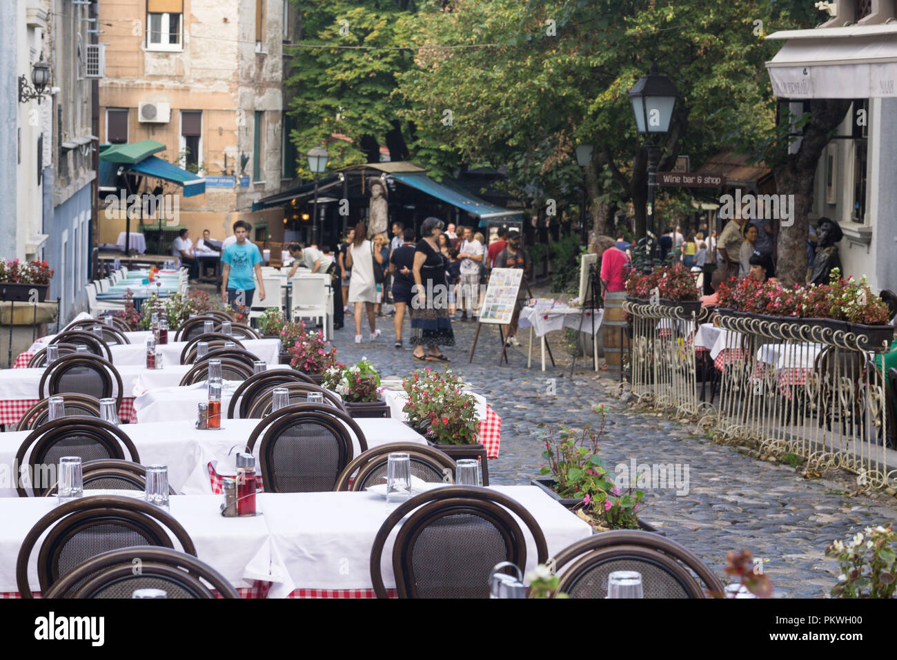The bohemian street of Belgrade, Skadarska, seen from the terrace of Sesir Moj restaurant. Serbia. Stock Photo