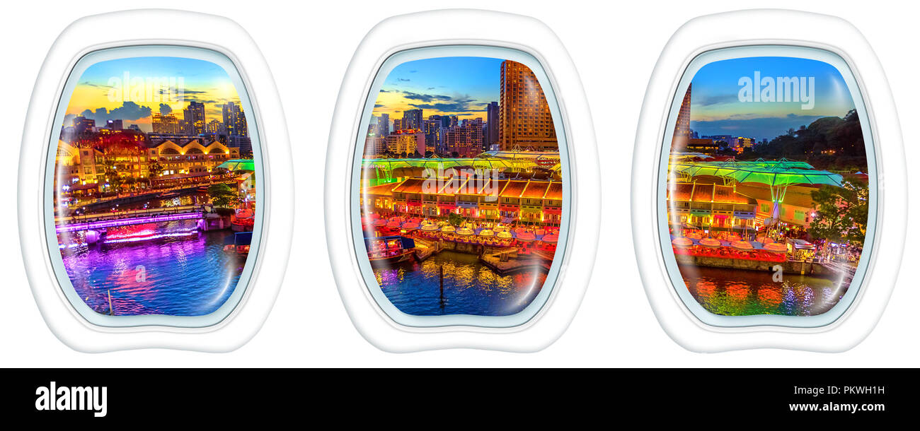 Three porthole frame windows on Scenic aerial view of Clarke Quay and