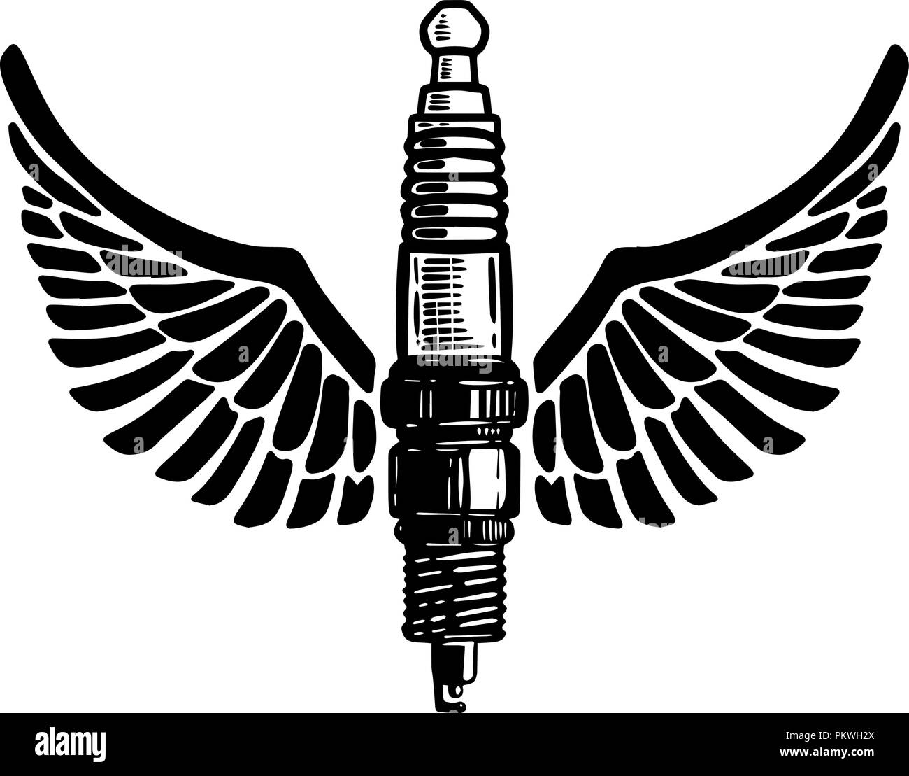 Hand drawn spark plug with wings on white background. Design element