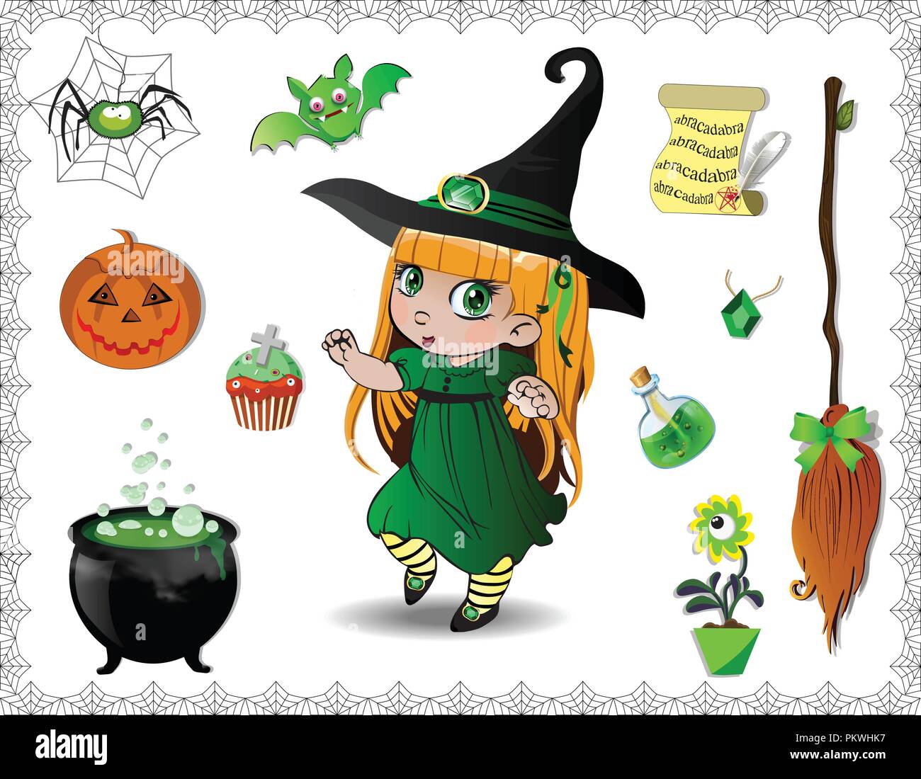 https://c8.alamy.com/comp/PKWHK7/green-halloween-cartoon-set-of-various-objects-for-witches-and-cute-little-witch-girl-in-costume-and-hat-isolated-on-white-background-vector-icons-c-PKWHK7.jpg