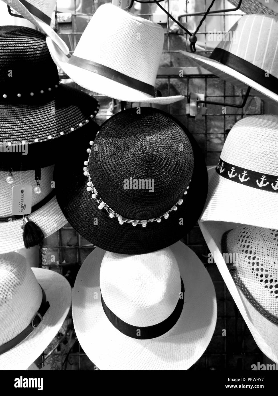 Hats on display  outside a shop in the main market, Monastiraki,Athens. Stock Photo