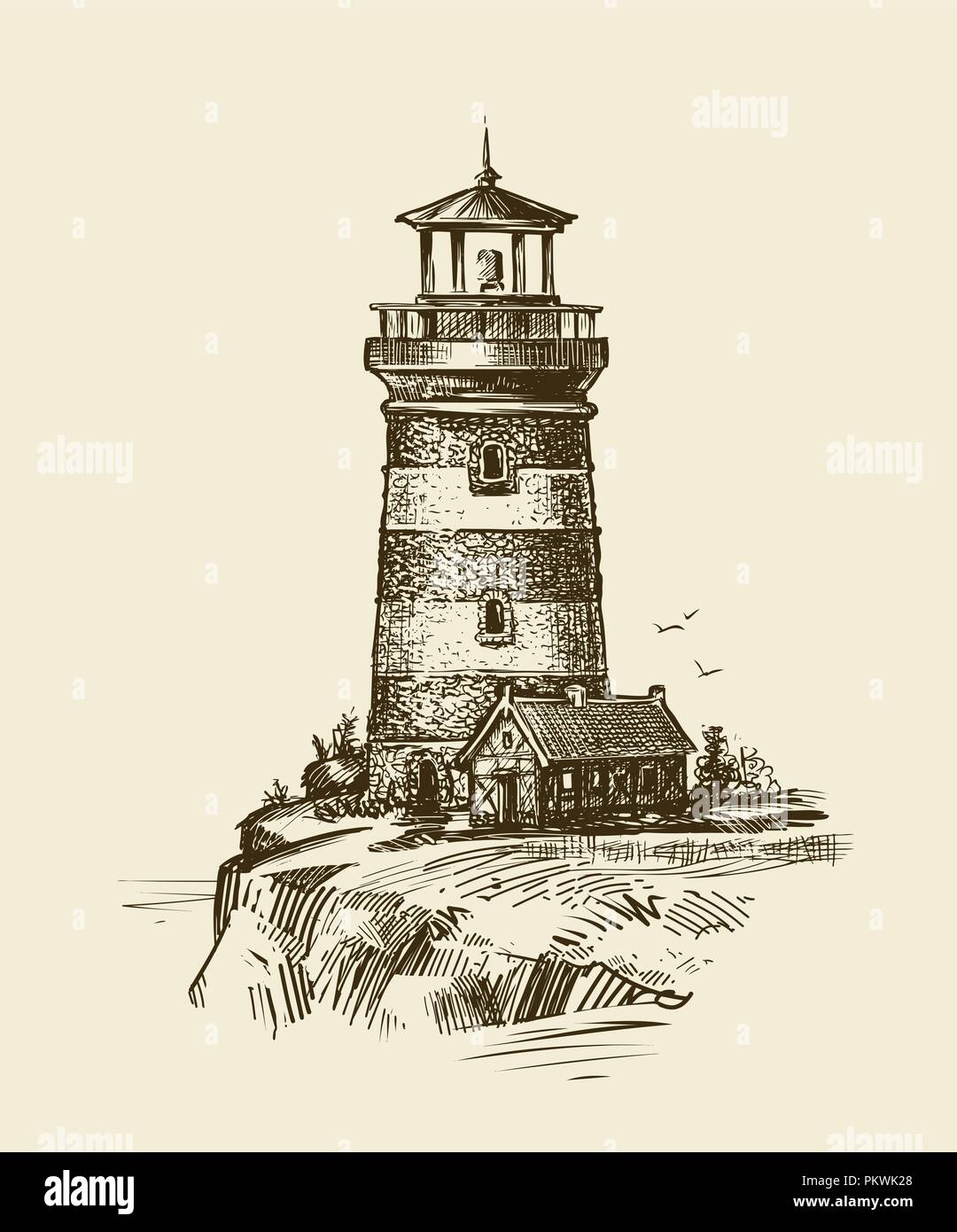 Lighthouse on seashore, sketch. Seascape vintage vector illustration Stock Vector