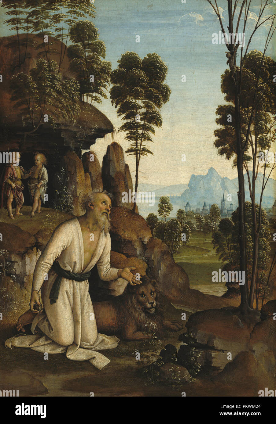 Saint Jerome in the Wilderness. Dated: c. 1490/1500. Dimensions: overall: 60 x 41.9 cm (23 5/8 x 16 1/2 in.)  framed: 73.7 x 55.3 x 9.8 cm (29 x 21 3/4 x 3 7/8 in.). Medium: tempera on poplar panel. Museum: National Gallery of Art, Washington DC. Author: Follower of Pietro Perugino. Stock Photo