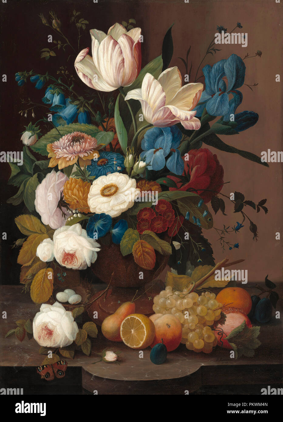 Still Life, Flowers, and Fruit. Dated: 1848. Dimensions: overall: 91.44 × 66.04 cm (36 × 26 in.)  framed: 108 × 82.6 × 5.7 cm (42 1/2 × 32 1/2 × 2 1/4 in.). Medium: oil on canvas. Museum: National Gallery of Art, Washington DC. Author: Severin Roesen. Stock Photo