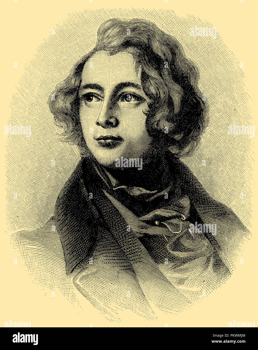 Charles Dickens at the age of 27. After engraving by R. Graves (drawing by D. Maclise) in J. Forster, The Life of Ch. Dickens, London, Stock Photo