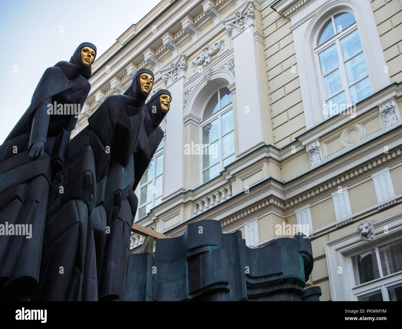VILNIUS, LITHUANIA-SEPTEMBER 14, 2018: Three Muses Sculpture by Stanislovas Kuzma which crown the main entrance to the National Drama Theatre Stock Photo