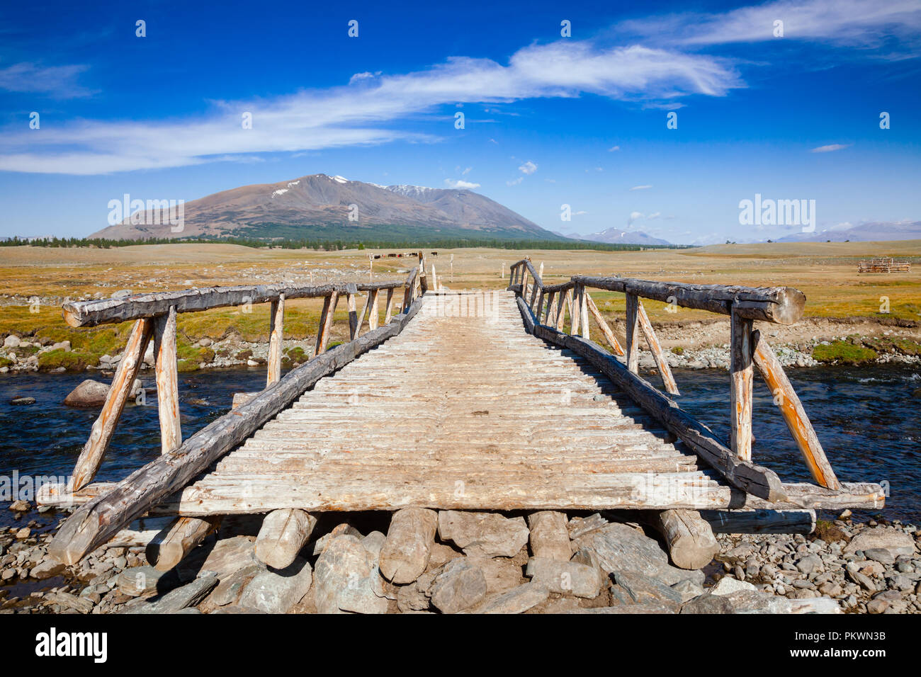 Wooden bridge over a river with distant mountain range in background, Altai Mountains, Western Mongolia Stock Photo