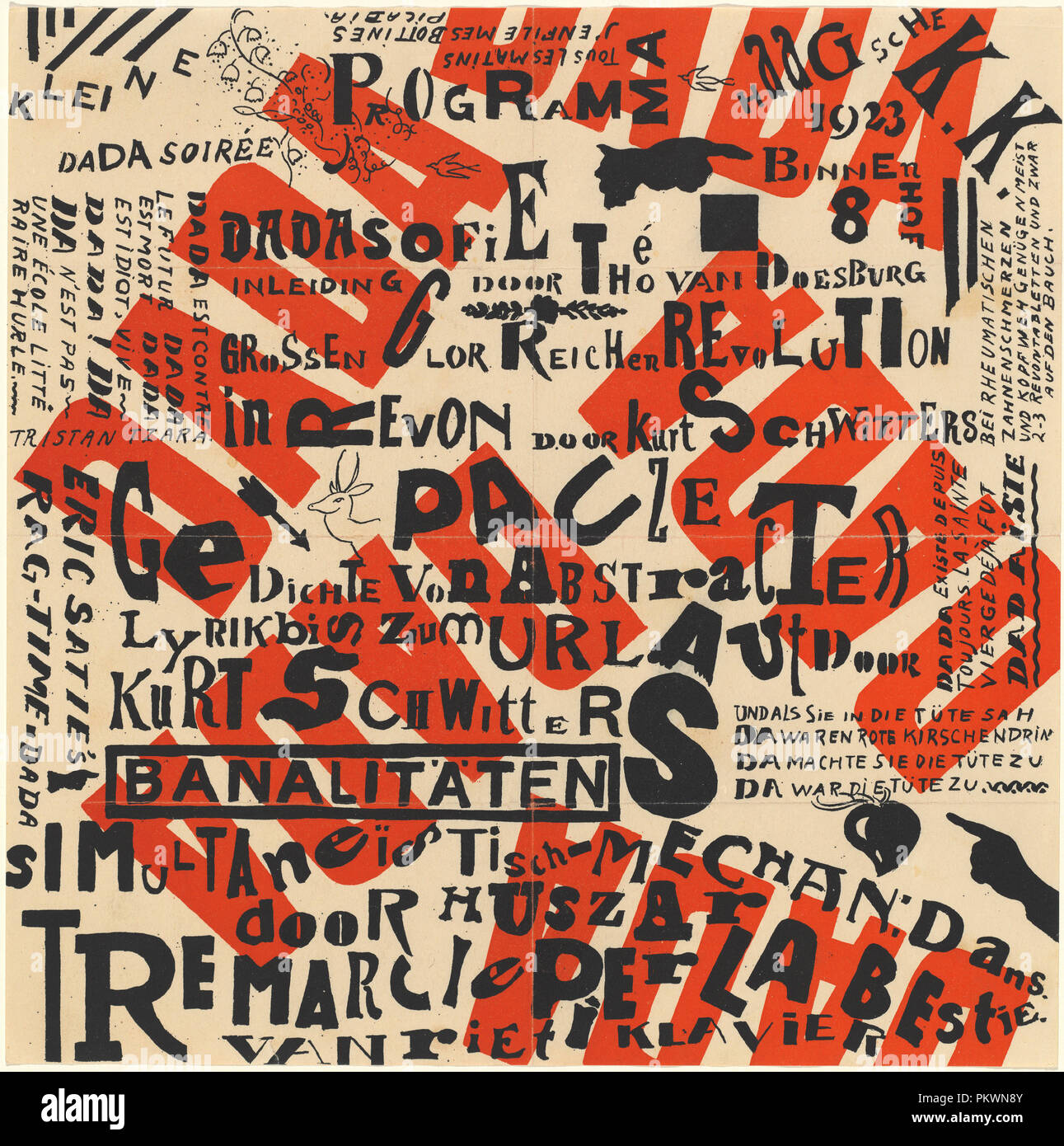 Kleine Dada Soirée (Small Dada Evening). Dated: 1922. Dimensions: sheet: 30.16 x 30.16 cm (11 7/8 x 11 7/8 in.). Medium: lithographic poster/program, printed in red and black on wove paper. Museum: National Gallery of Art, Washington DC. Author: Theo van Doesburg and Kurt Schwitters. THEO VAN DOESBURG. Kurt Schwitters. DOESBURG, THEO VAN. Stock Photo