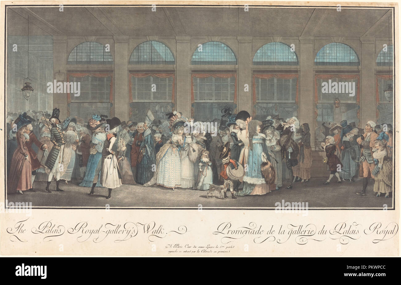 The Palais Royal - Gallery's Walk / Promenade de la Galerie du Palais Royal. Dated: 1787. Dimensions: image: 29.2 x 55.9 cm (11 1/2 x 22 in.)  sheet (trimmed at or within platemark): 36.5 x 57.1 cm (14 3/8 x 22 1/2 in.). Medium: etching and wash manner printed in yellow, red, blue, carmine, and black inks. Museum: National Gallery of Art, Washington DC. Author: Philibert-Louis Debucourt after Claude-Louis Desrais. Stock Photo