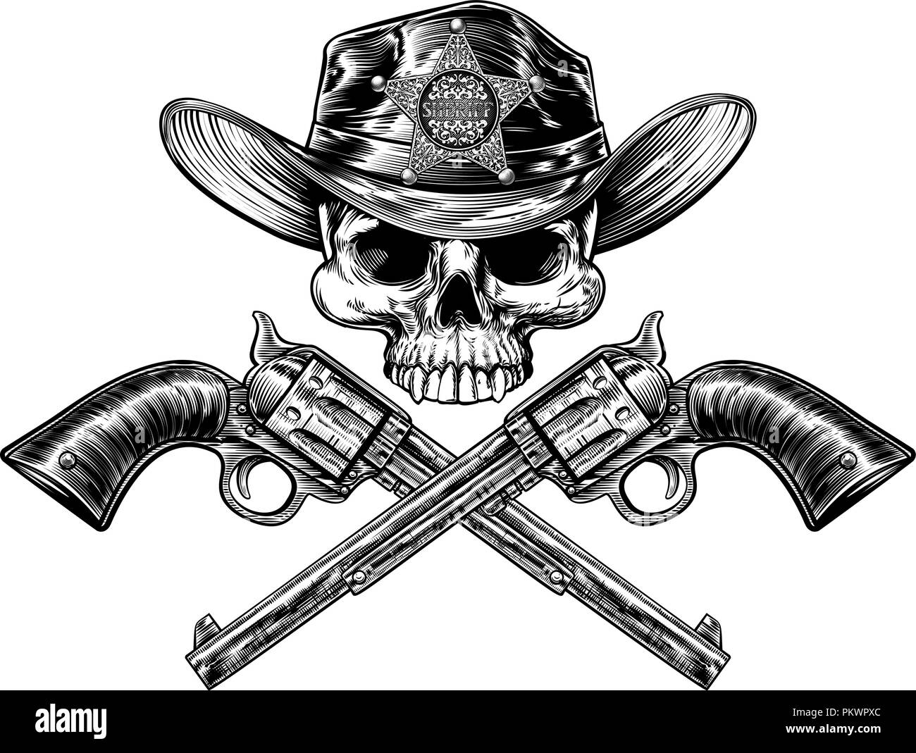 Pistols and Sheriff Star Badge Cowboy Hat Skull Stock Vector