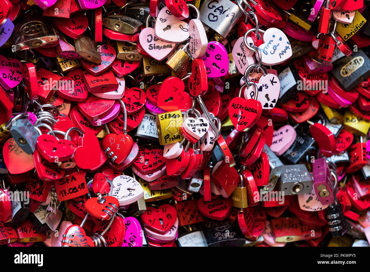 VERONA, ITALY 4 SEPTEMBER Locks and notes with a request for eternal