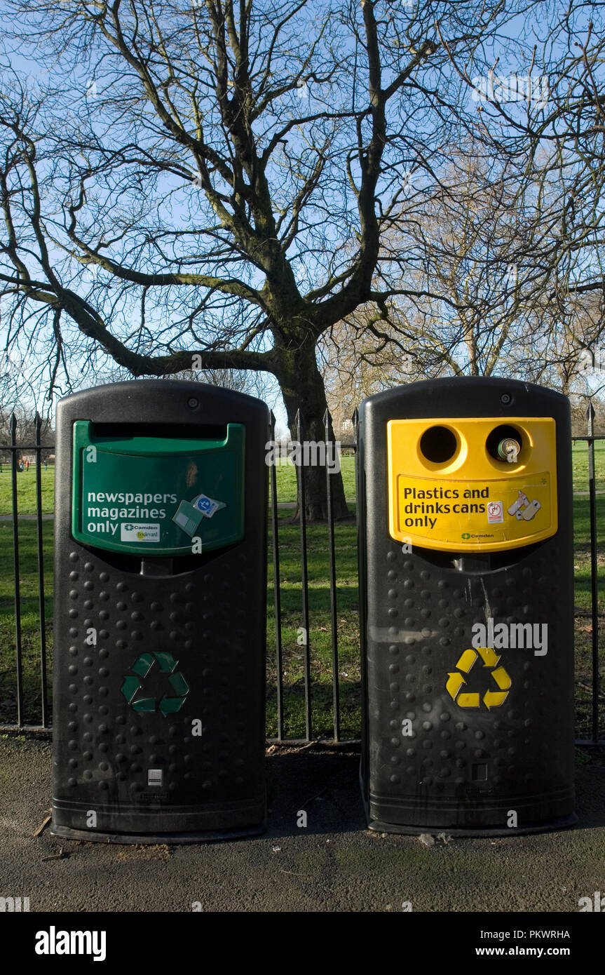 Bin for plastic bottles and metal drinks cans on the street by Regents Park in the Borough of Camden in London England Stock Photo