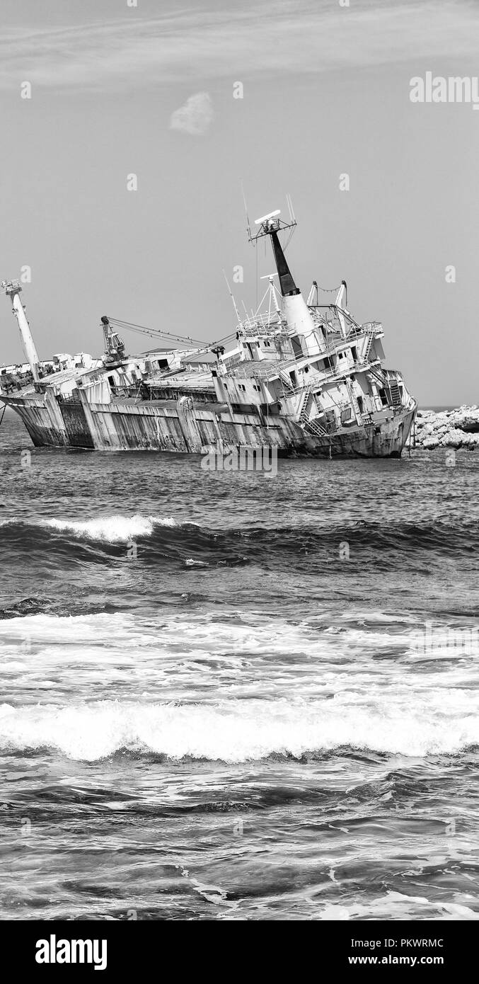 in cyprus the abandonated boat near the coastline like concept od disaster and problem Stock Photo