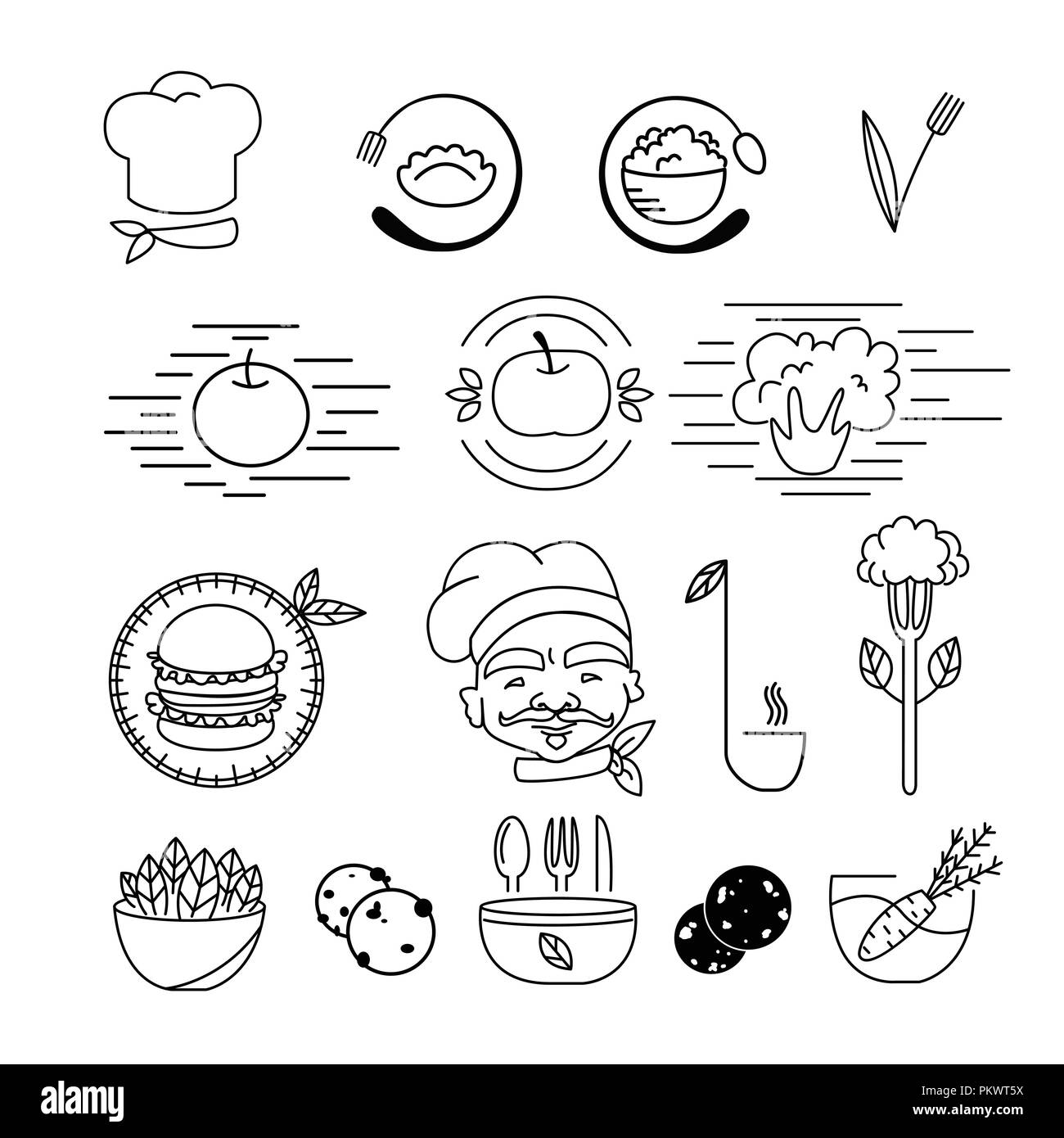 Vegetarian food logo elements. Vegan cooking symbols with fruits and vegetables for design or idea of logo. Stock Vector