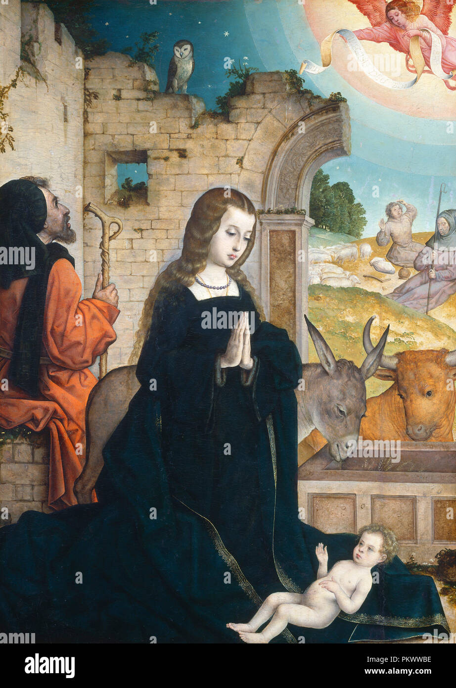 The Nativity. Dated: c. 1508/1519. Dimensions: painted surface: 110.5 x 79.3 cm (43 1/2 x 31 1/4 in.)  overall (panel): 111.8 x 80.6 cm (44 x 31 3/4 in.)  framed: 129.8 x 98.7 x 10.7 cm (51 1/8 x 38 7/8 x 4 3/16 in.). Medium: oil on panel. Museum: National Gallery of Art, Washington DC. Author: JUAN DE FLANDES. FLANDES, JUAN DE. Stock Photo