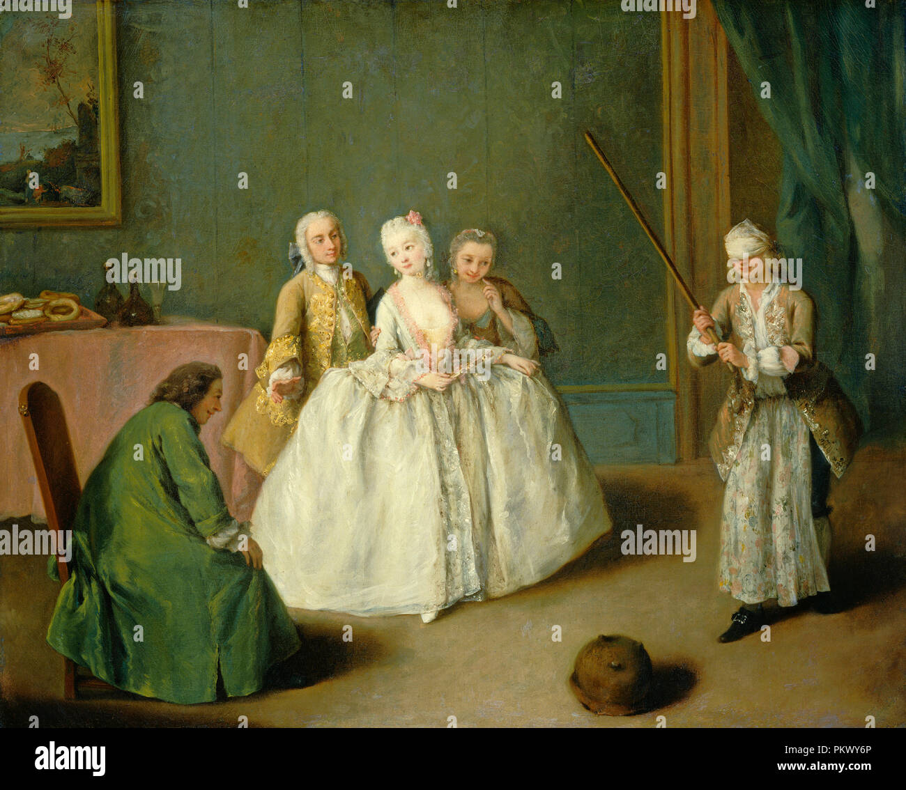 The Game of the Cooking Pot. Dated: c. 1744. Dimensions: overall: 49.9 x 61.7 cm (19 5/8 x 24 5/16 in.) framed: 65.4 x 55.9 x 3.8 cm (25 3/4 x 22 x 1 1/2 in.). Medium: oil on canvas. Museum: National Gallery of Art, Washington DC. Author: PIETRO LONGHI. Stock Photo