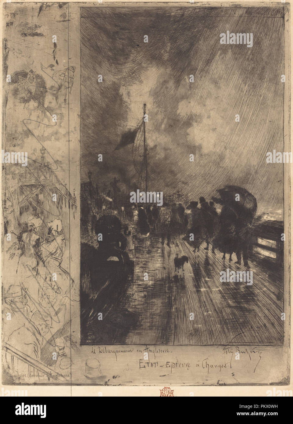 Un Débarquement en Angleterre (Landing in England). Dated: 1879. Dimensions: plate: 31.9 x 24 cm (12 9/16 x 9 7/16 in.). Medium: etching, drypoint, aquatint (dust ground and spirit ground), softground etching, and roulette in black with the artist's revisions in graphite on moderately thick cream wove paper. Museum: National Gallery of Art, Washington DC. Author: Félix-Hilaire Buhot. Stock Photo