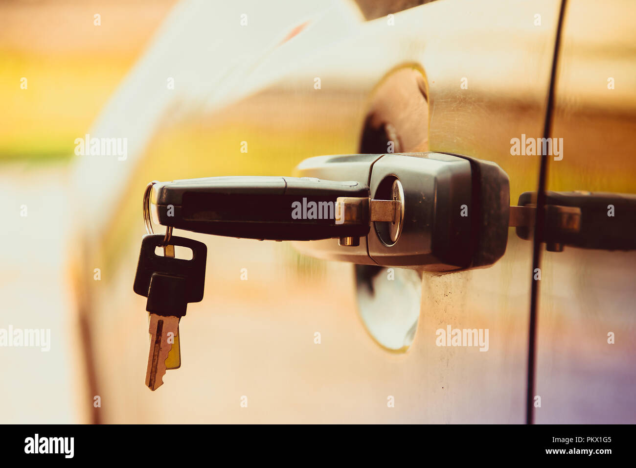 keys in the lock of the car. car security. property security. property