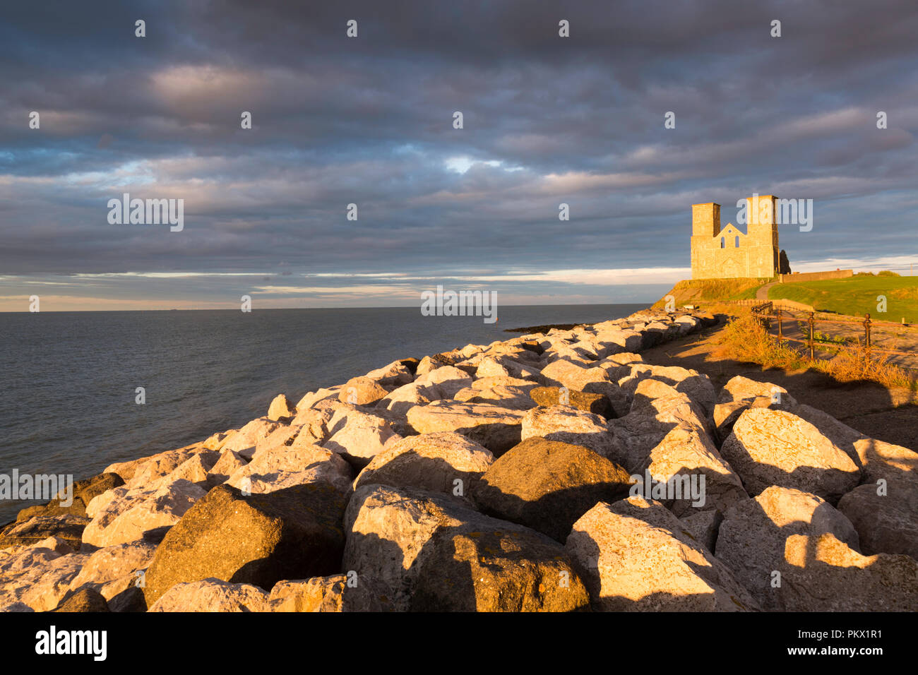 Pre-sunset light on Reculver Towers on the north Kent coast. Stock Photo