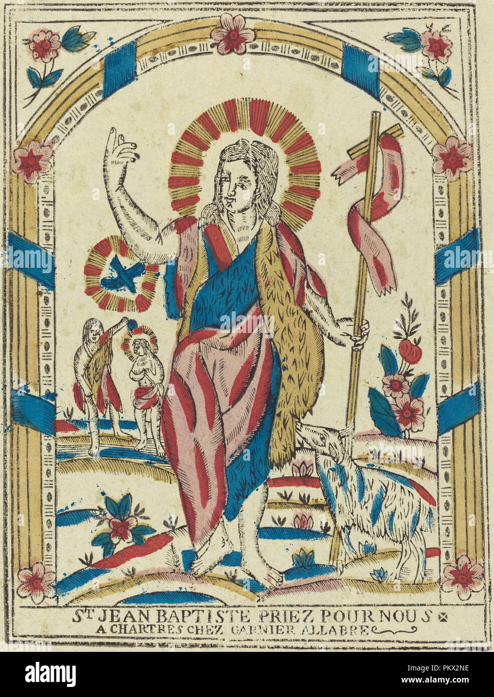 Saint John the Baptist Pray for Us. Dated: c. 1820. Dimensions: image: 34.5 x 26.1 cm (13 9/16 x 10 1/4 in.)  sheet: 39.7 x 30.2 cm (15 5/8 x 11 7/8 in.). Medium: hand-colored woodcut on blue laid paper. Museum: National Gallery of Art, Washington DC. Author: French 19th Century. Stock Photo