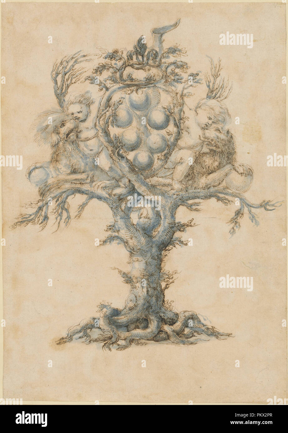 A Wine Decanter with Lions and Putti. Dated: 1650/1670. Dimensions: sheet: 33.8 x 24.1 cm (13 5/16 x 9 1/2 in.). Medium: pen and brown ink with blue wash over graphite on light beige laid paper. Museum: National Gallery of Art, Washington DC. Author: Master of the Medici Banquet Decanters. Stock Photo