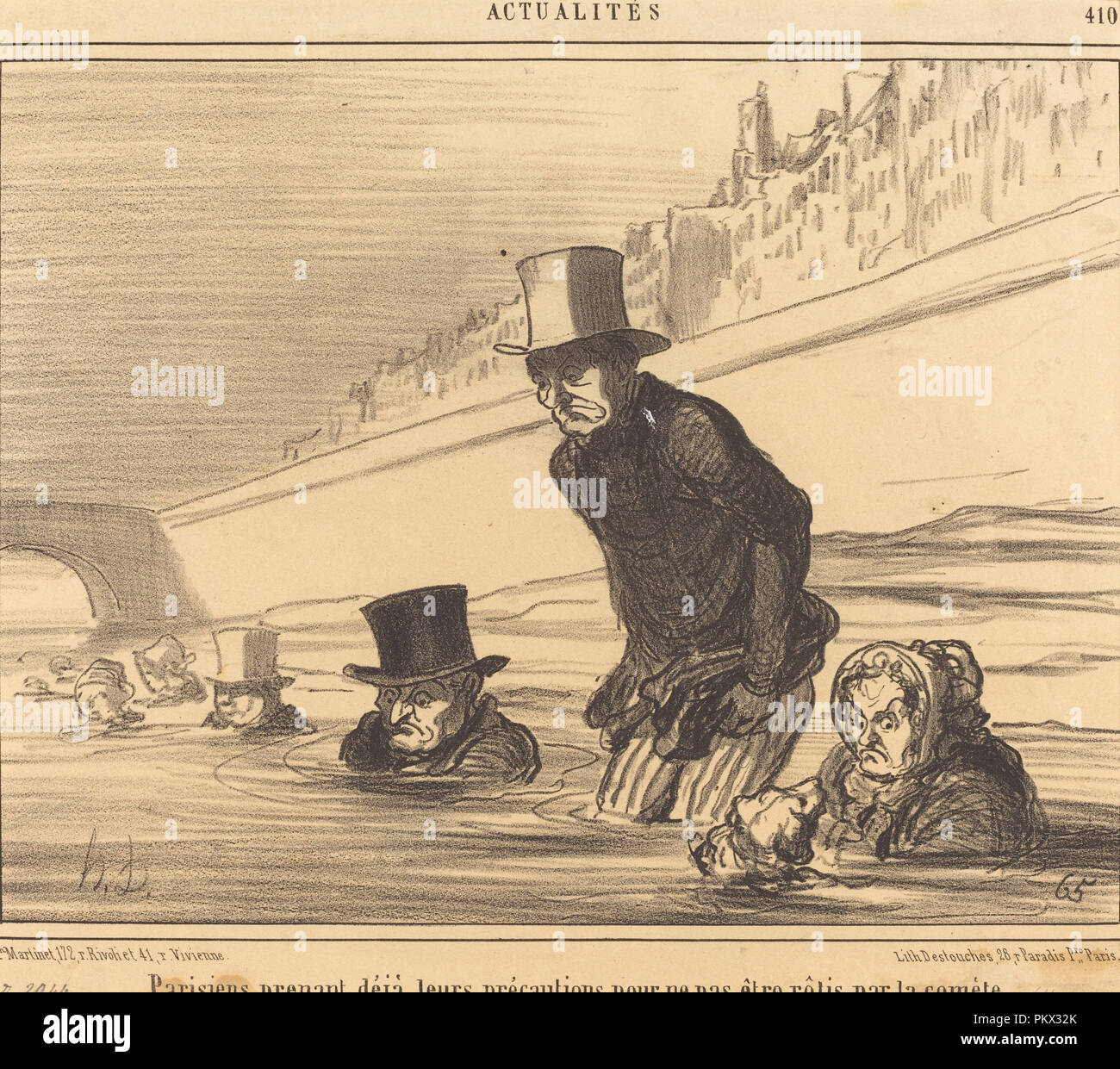 Parisiens prenant... leurs précautions... Dated: 1857. Medium: lithograph. Museum: National Gallery of Art, Washington DC. Author: HONORÉ DAUMIER. Stock Photo