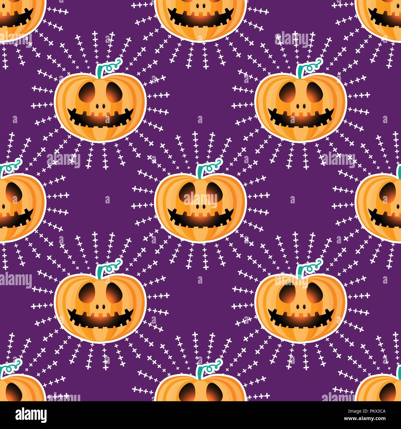 Happy Halloween jackolantern seamless pattern. Jack lantern with rays. Vector illustration isolated on purple background. Stock Vector