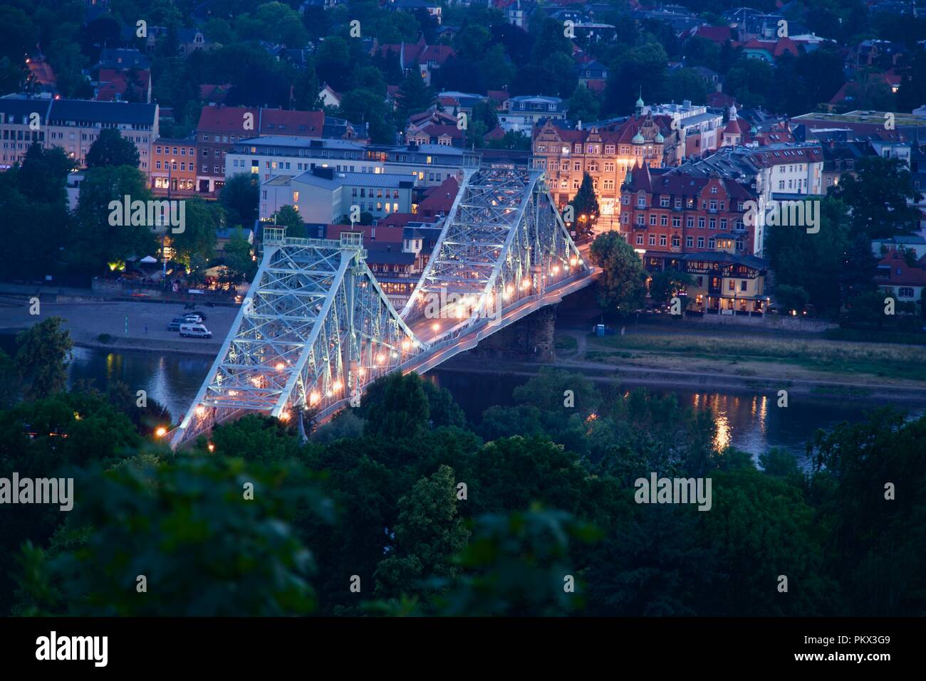 Blaues Wunder (Blue Wonder) bridge in Dresden by night Stock Photo