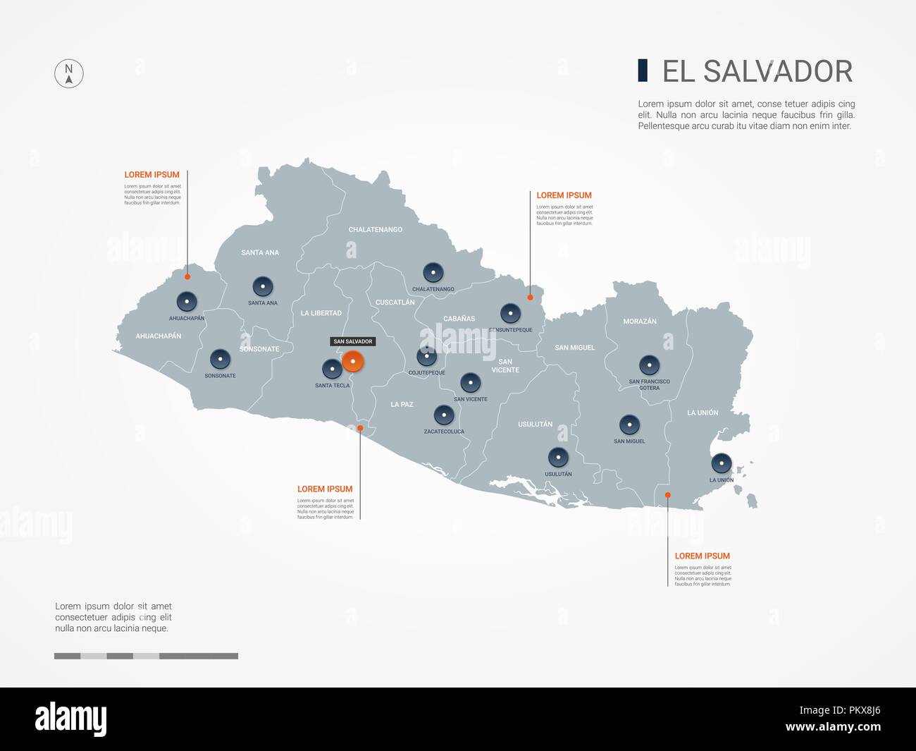 El Salvador map with borders, cities, capital and administrative