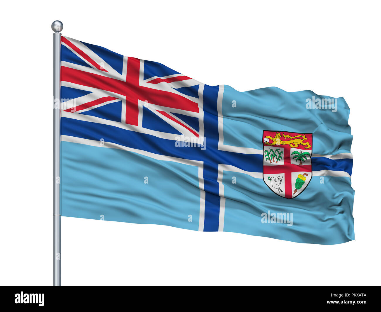 Civil Air Ensign Of Fiji Flag On Flagpole, Isolated On White Background, 3D Rendering Stock Photo