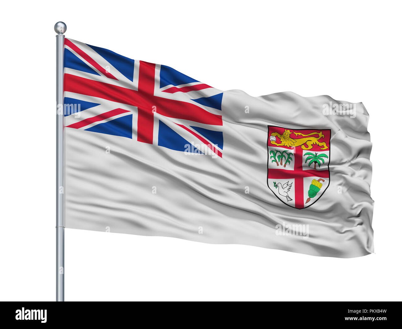 Fiji Naval Ensign Flag On Flagpole, Isolated On White Background, 3D Rendering Stock Photo