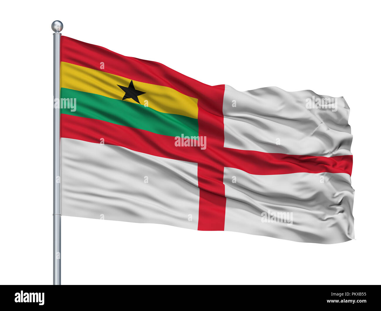 Ghana Naval Ensign Flag On Flagpole, Isolated On White Background, 3D Rendering Stock Photo