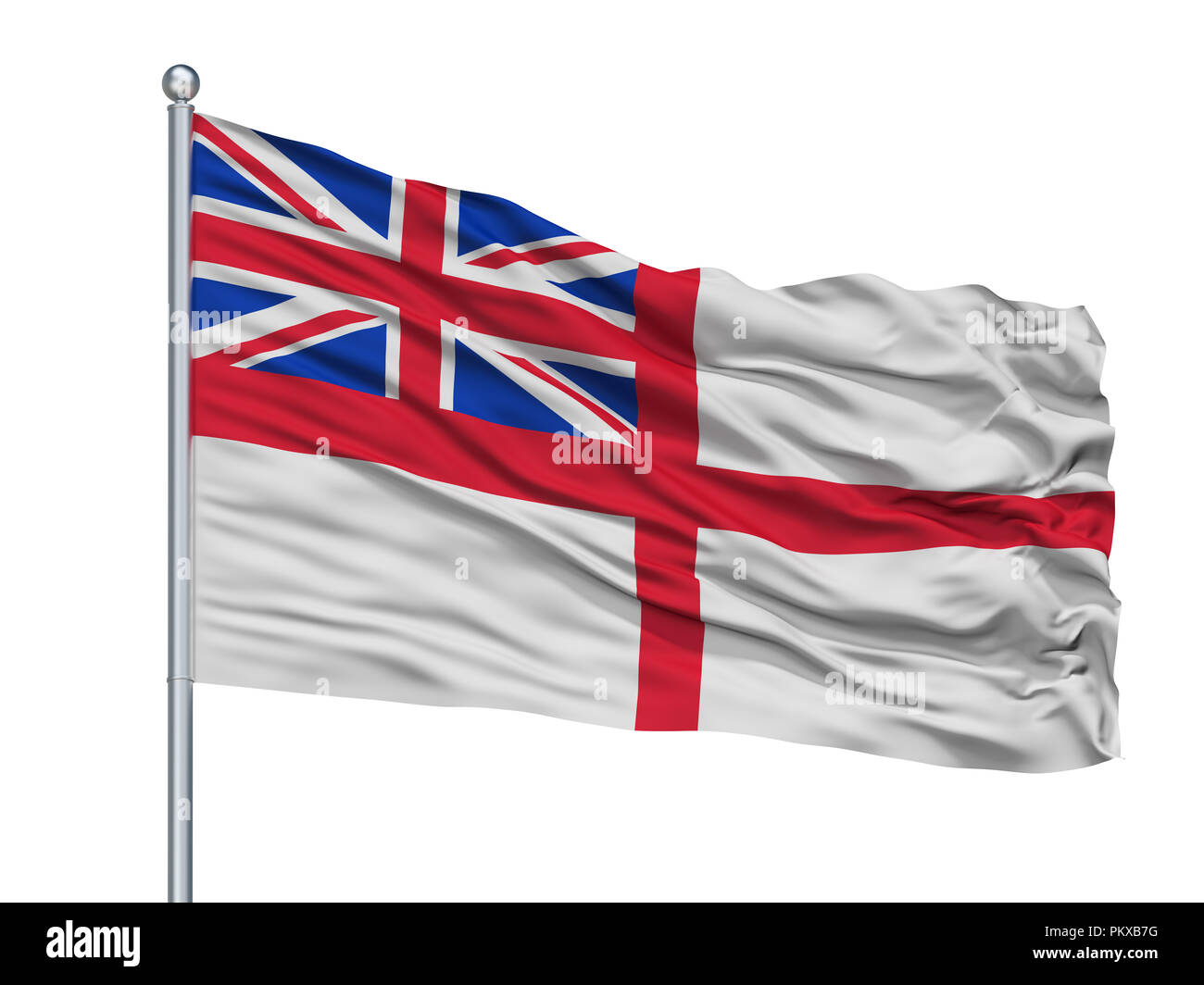 United Kingdom Naval Ensign Flag On Flagpole, Isolated On White Background, 3D Rendering Stock Photo
