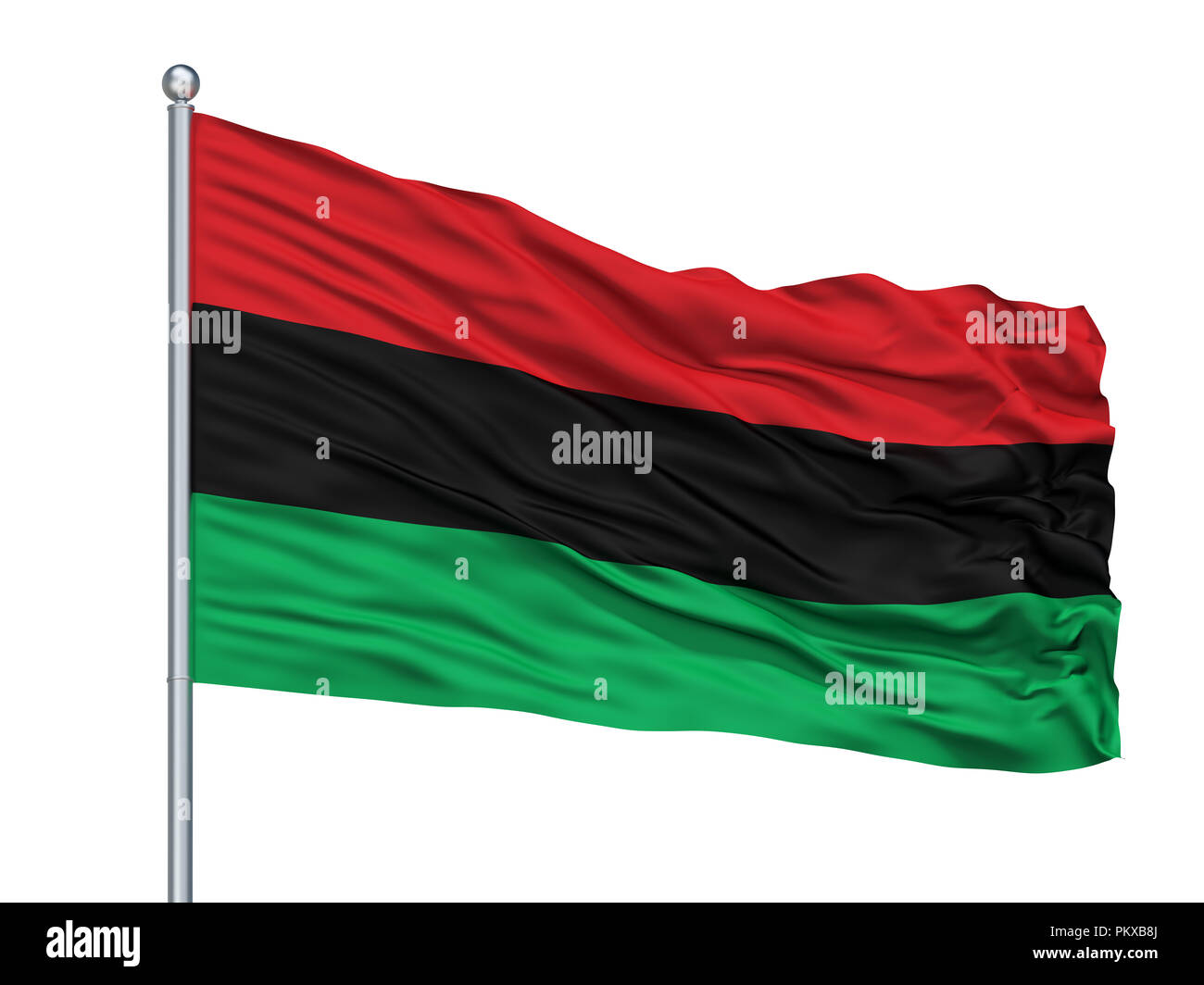 Panafrican Unia Afro American Black Liberation Flag On Flagpole, Isolated On White Background, 3D Rendering Stock Photo