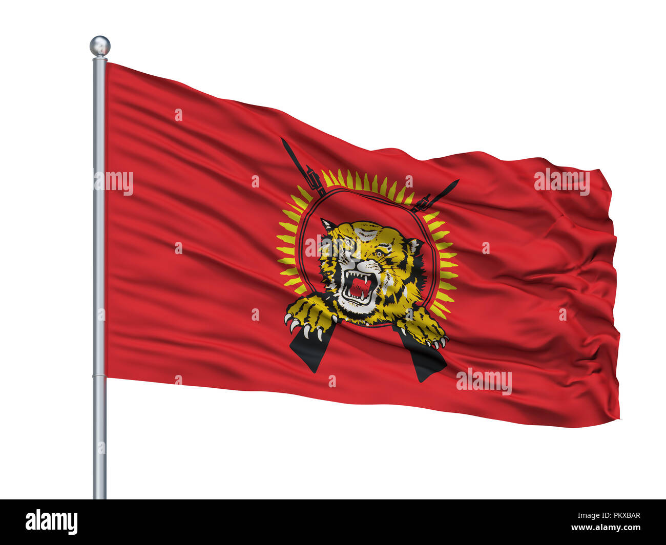 Tamil Tigers Flag On Flagpole, Isolated On White Background, 3D Rendering Stock Photo