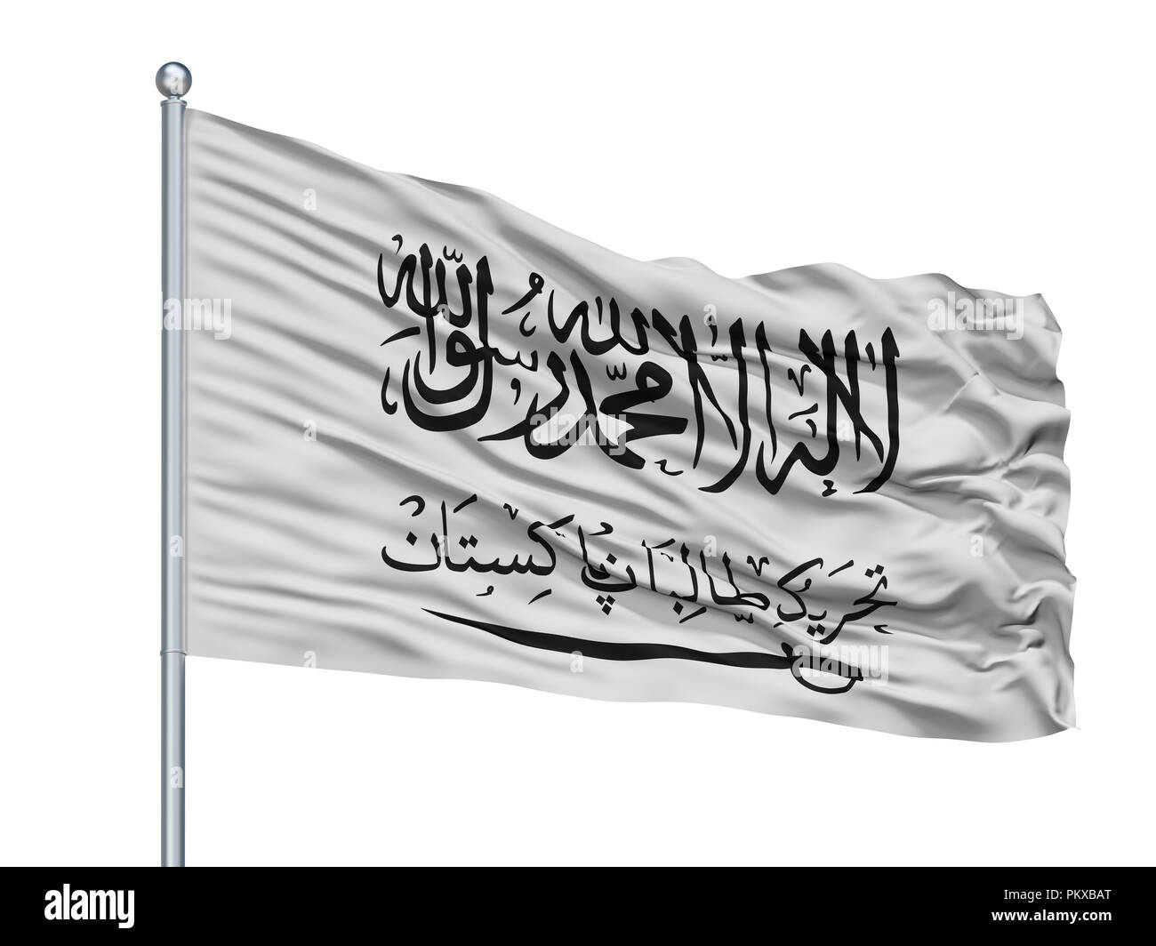 Tehrik I Taliban Flag On Flagpole, Isolated On White Background, 3D Rendering Stock Photo