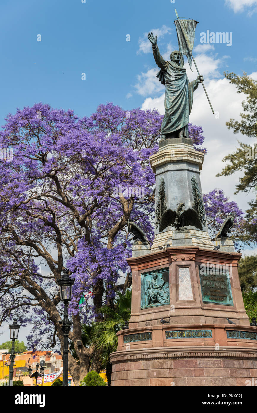 Statue of Independence leader Miguel Hidalgo in the Plaza Principal with flowering Jacaranda behind in Dolores Hidalgo, Guanajuato, Mexico. Hildago was a parish priest who issued the now world famous Grito - a call to arms for Mexican independence from Spain. Stock Photo