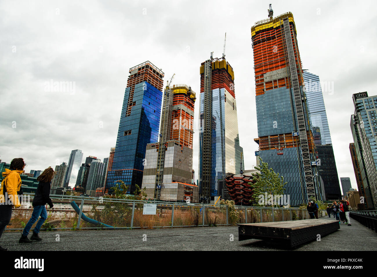 New York, USA, October 30, 2017: Hudson Yards train depot from the High Line. New York City skyline with urban skyscrapers in construction. View from  Stock Photo