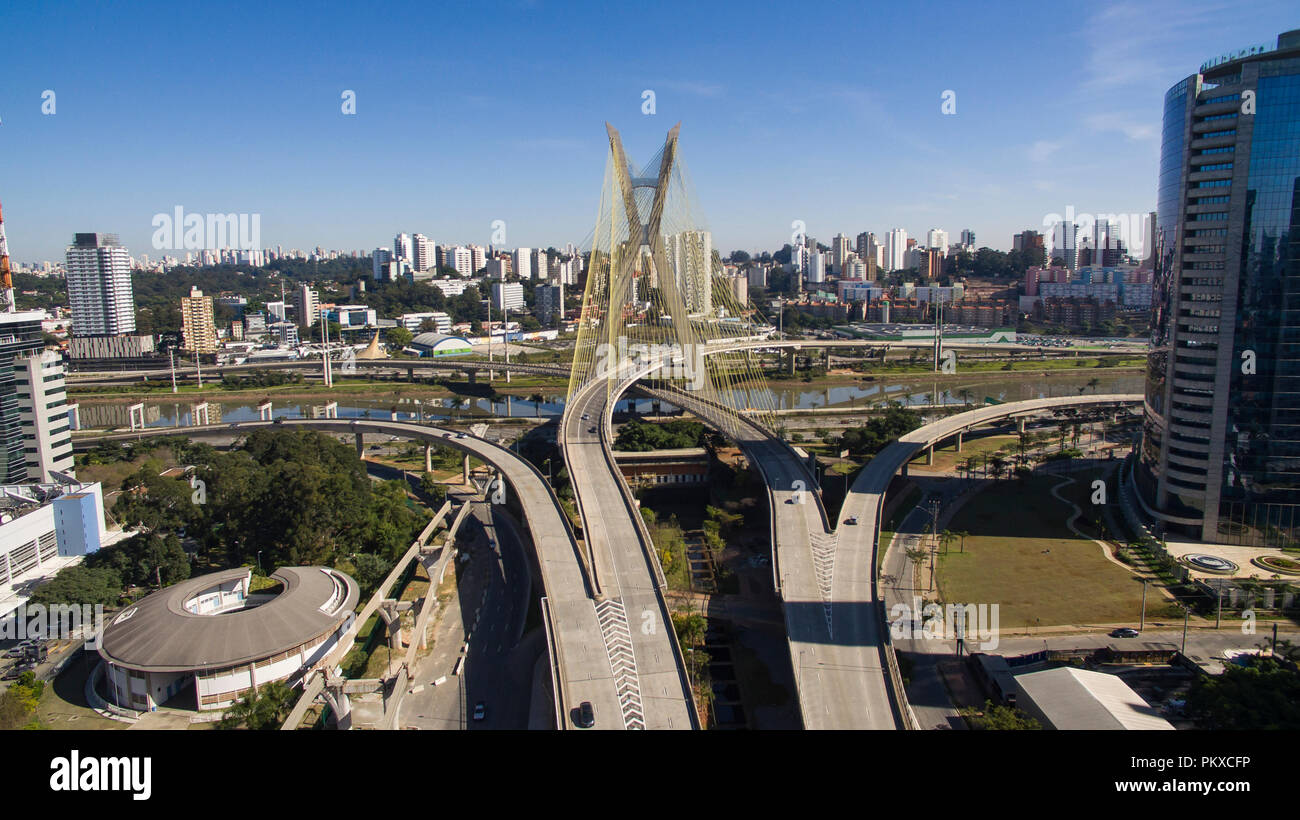 Linking two different points. Modern architecture. Modern bridges. Cablestayed bridge in the